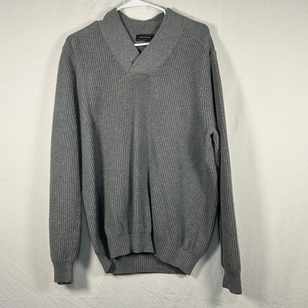 Express Sweater Mens Large Grey Shawl Collar Ribbed Knit Pullover Long Sleeve